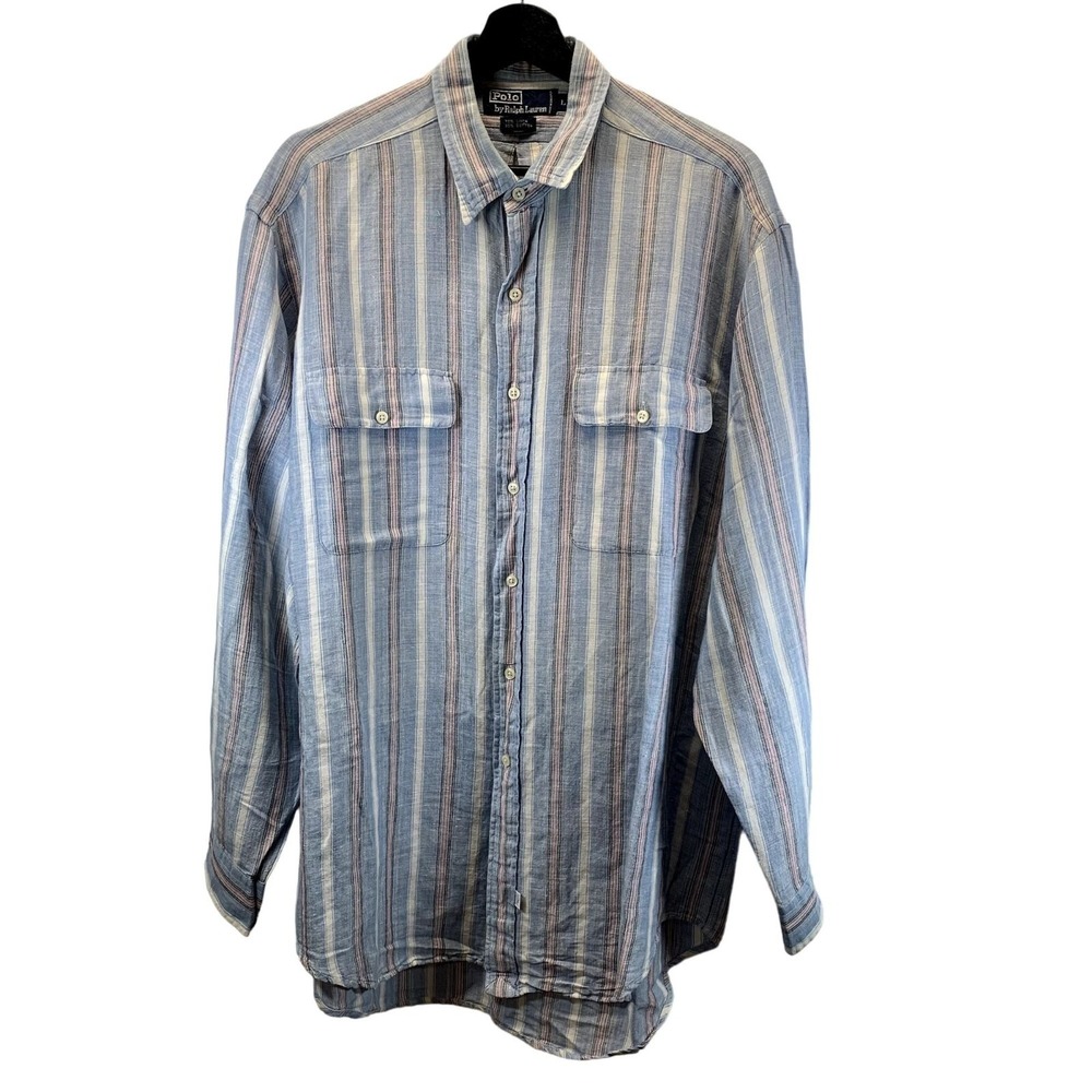 Polo Ralph Lauren Shirt Mens L Blue Stripes Long Sleeve Button Up Linen Blend